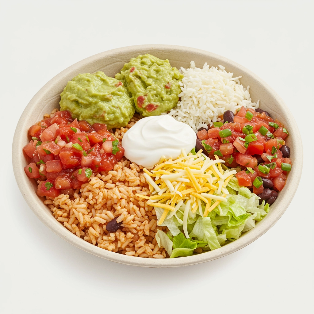 Burrito Bowl with Mexican rice, beans, salsa, and toppings