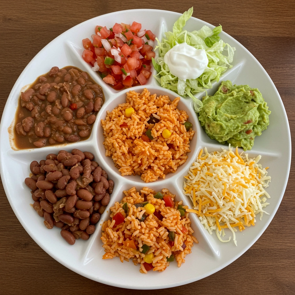 Divided Mexican Plate White Plate Pie Segments Seven Portions with Red Rice Separated