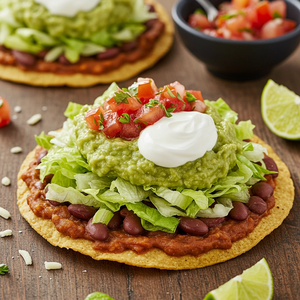 Flat taco shell (tostada) topped with beans, salsa, guacamole, sour cream, iceberg lettuce, and cheese. Vegetarian, no tofu or paneer.