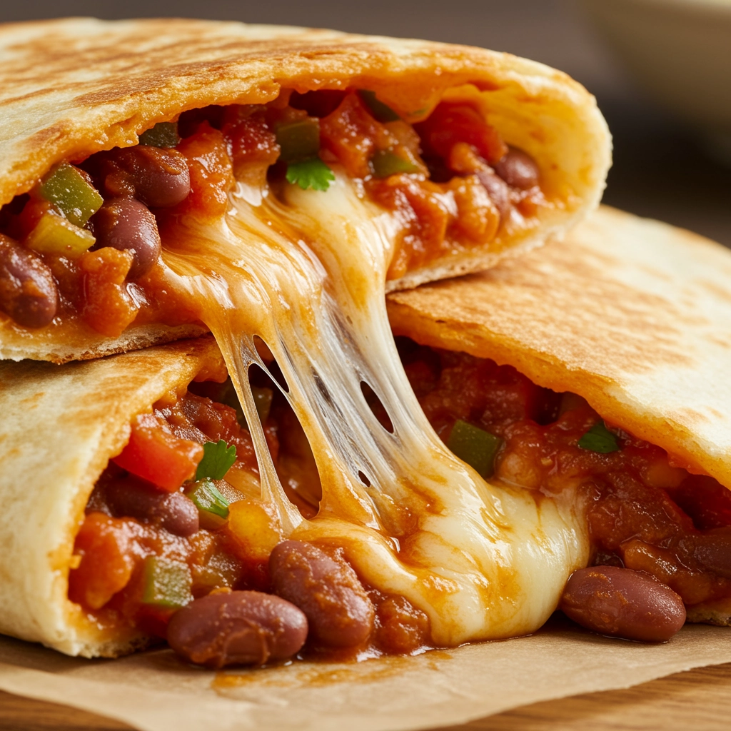 Quesadilla with red masala beans salsa and stringy cheese oozing out