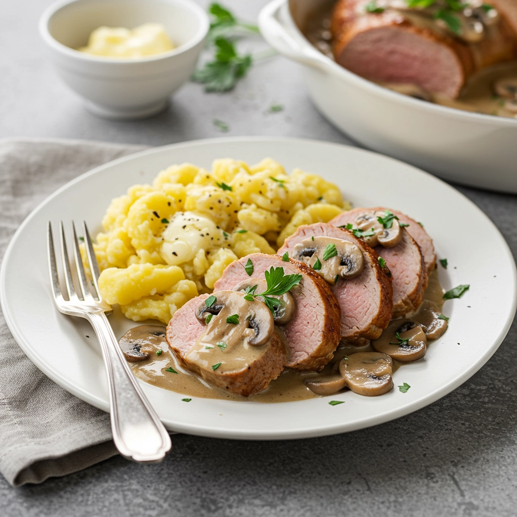 German Style Pork Tenderloin with Creamy Mushroom Sauce and Spätzle
