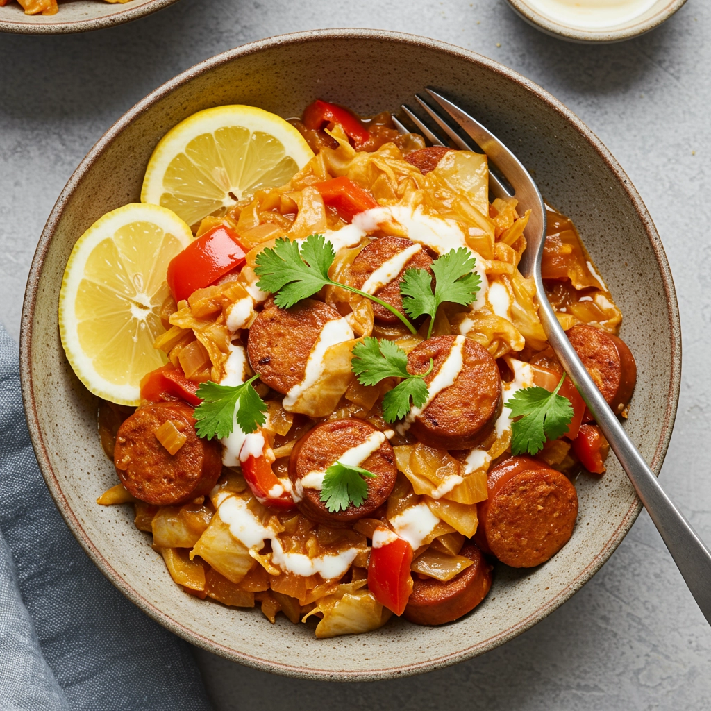 North African Spiced Cabbage and Andouille Sausage Stew with Yogurt Harissa Drizzle