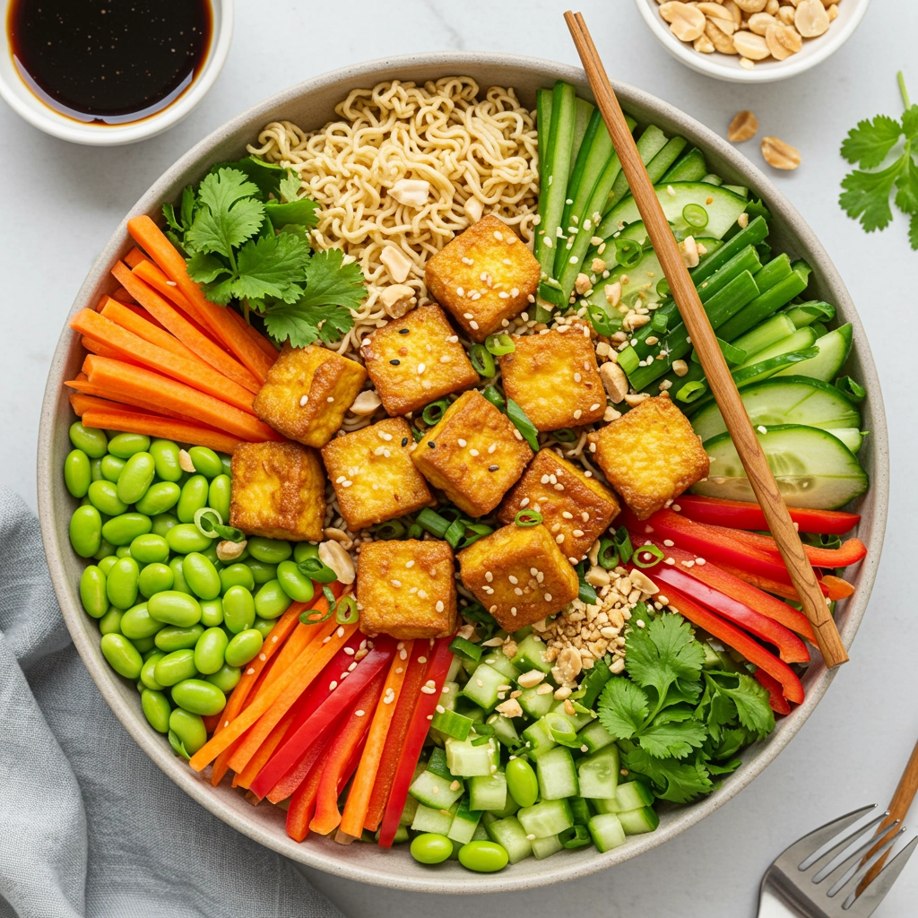 Asian Noodle Salad with Rice Ramen, Edamame & Tofu