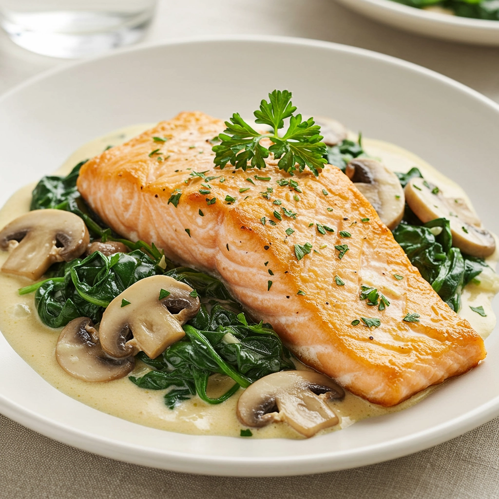 Garlic Butter Salmon with Spinach & Mushrooms in Creamy Sauce