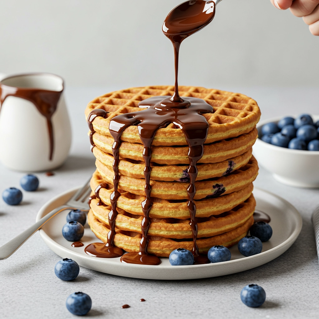 Simple Breakfast Blueberry Waffles with Chocolate Syrup