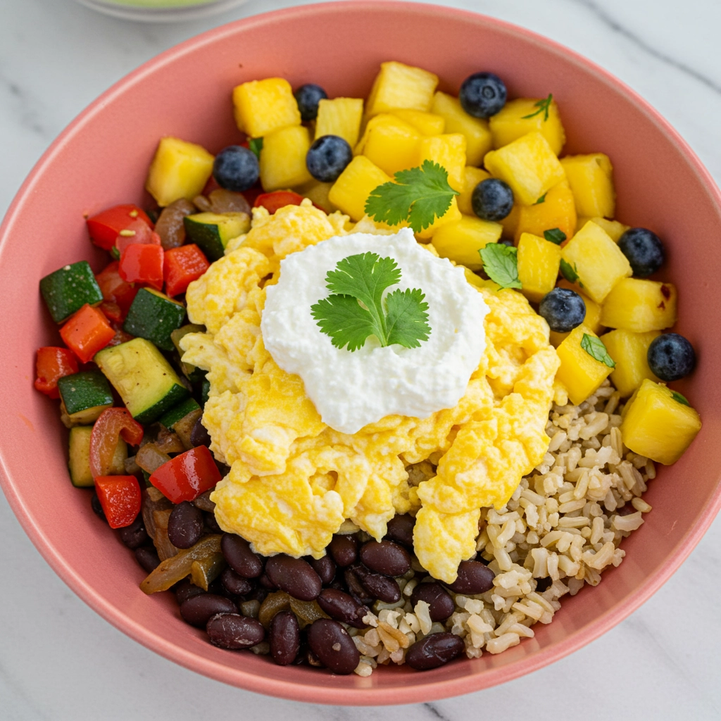 Veggie-Packed Breakfast Burrito Bowl with Ricotta and Fruit Salsa