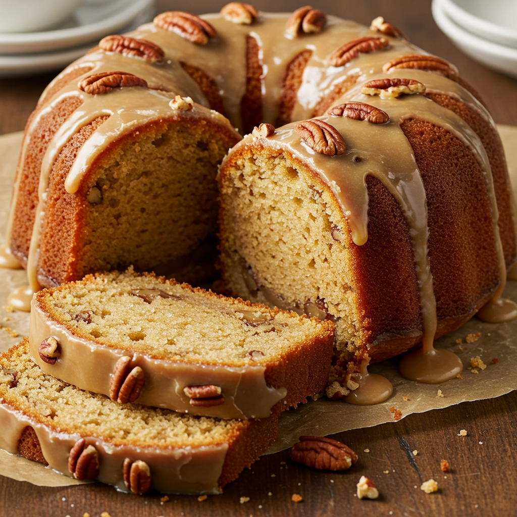 Buttered Pecan Pound Cake with Vanilla Caramel Glaze