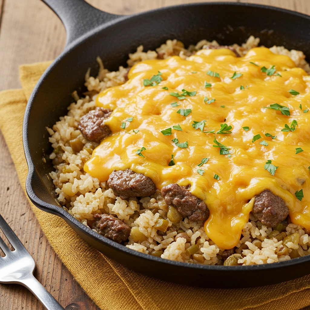Hearty Garlic Butter Beef & Rice Skillet with Cheddar-Parmesan Cream