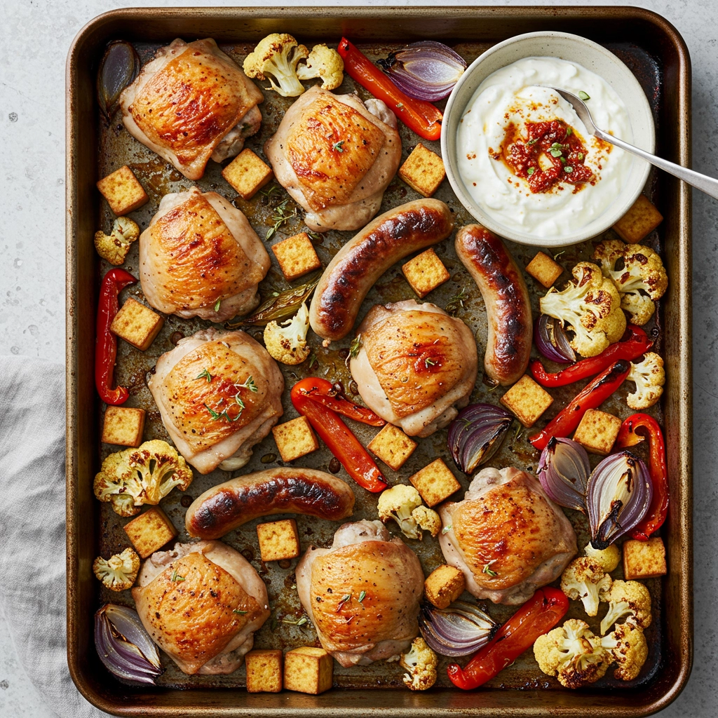 Hearty One-Pan Sausage, Chicken & Tofu Bake with Creamy Italian Dip