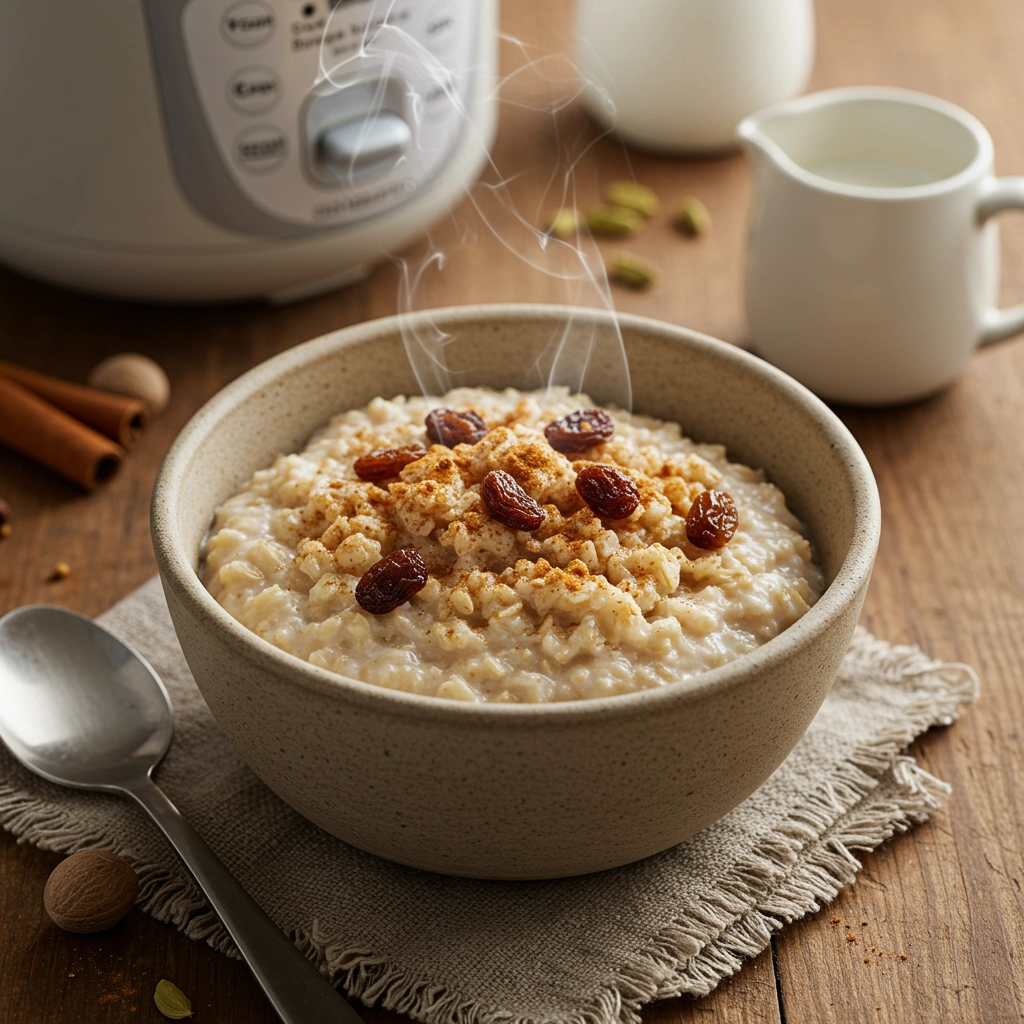 Rice Cooker Oatmeal with Cinnamon, Nutmeg, Cardamom & Raisins