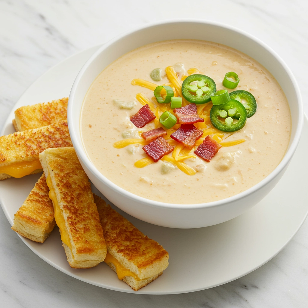 Spicy Jalapeño Popper Soup with Grilled Cheese Dippers