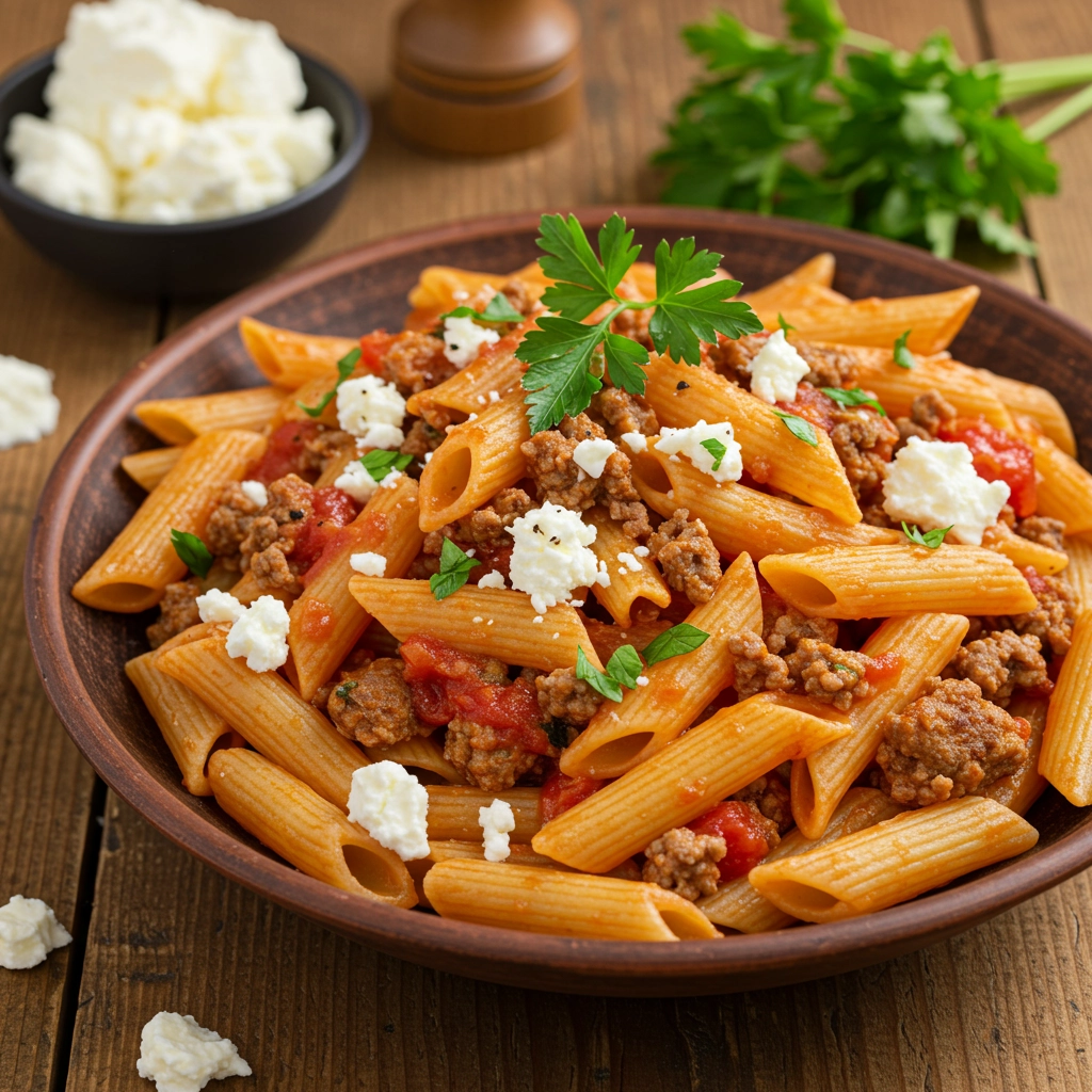 Tomato, Feta, and Lamb Pasta